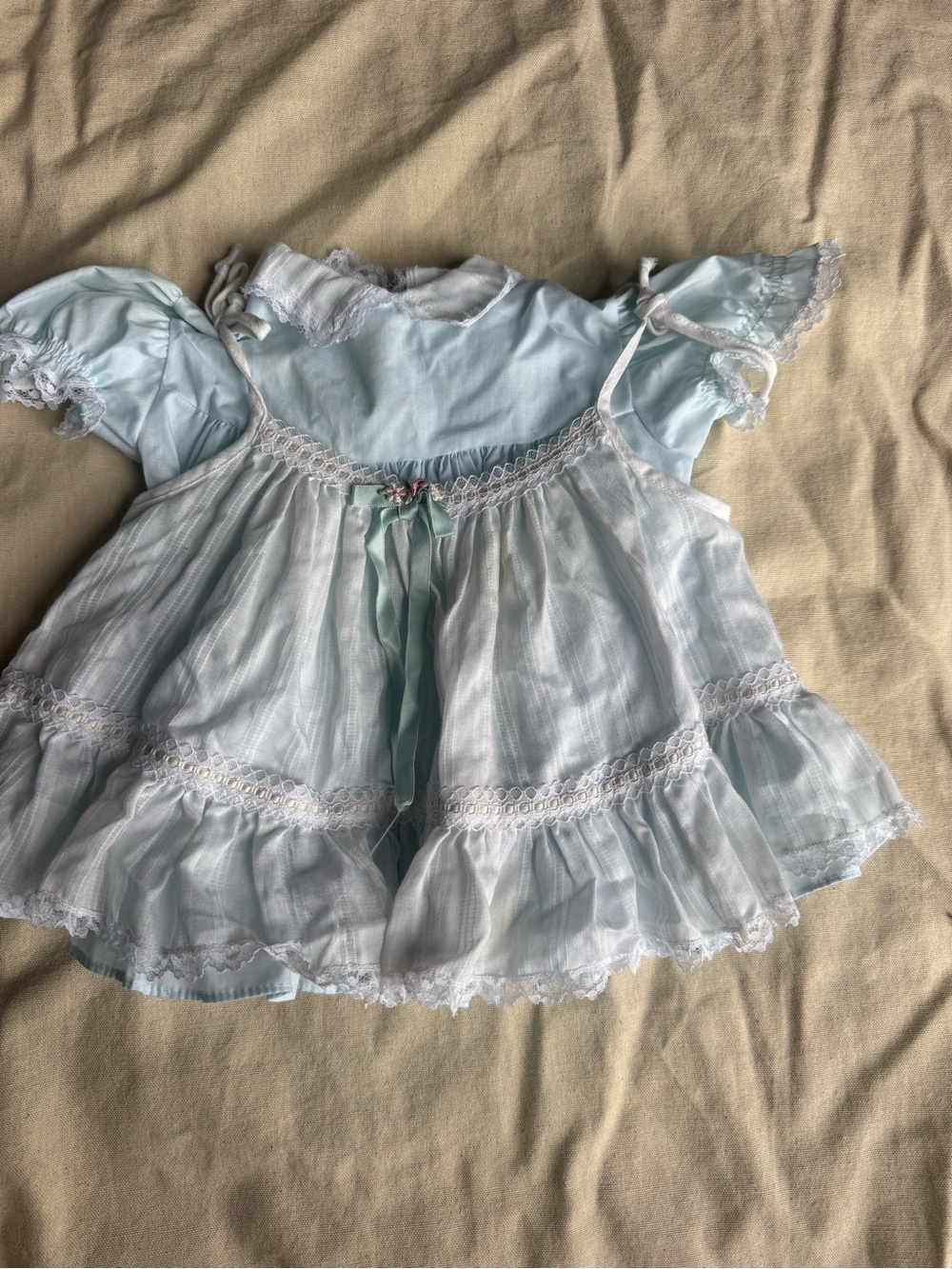 Vintage Toddler Light Blue Ruffle Casual Dress with Lace Trim